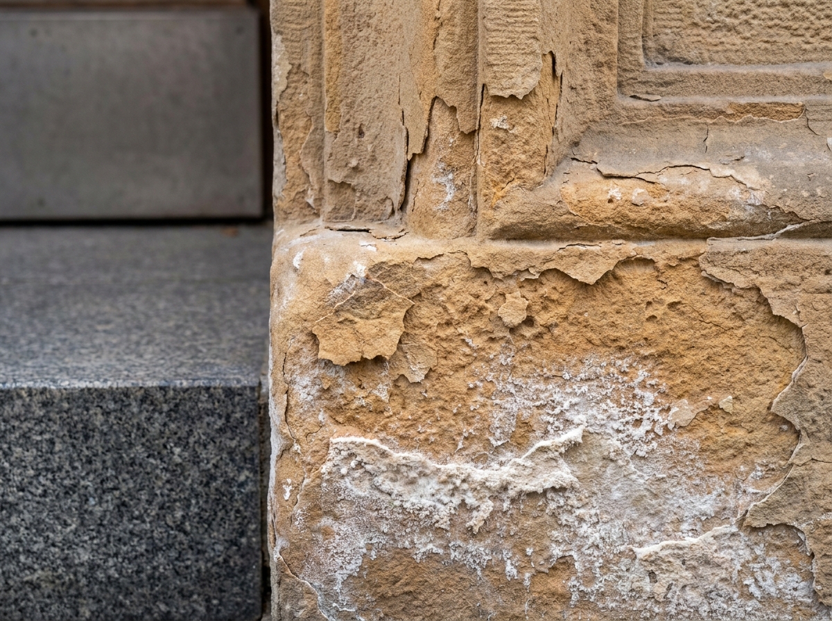 Verwitterter Sandstein mit Ausblühungen neben hartem Granit an einem Berliner Baudenkmal