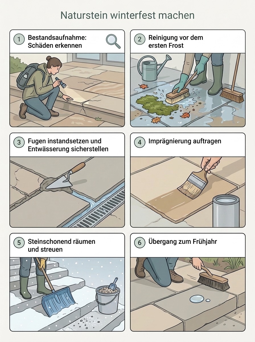 Ablaufdiagramm: Naturstein winterfest machen – Außenbereich auf die kalte Jahreszeit vorbereiten